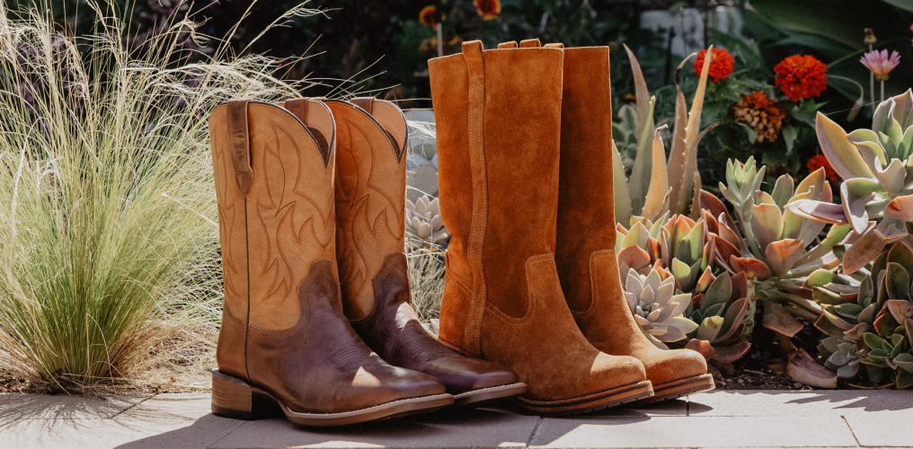 brown mens and women boots.