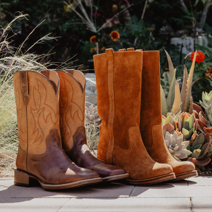 brown mens and women boots.
