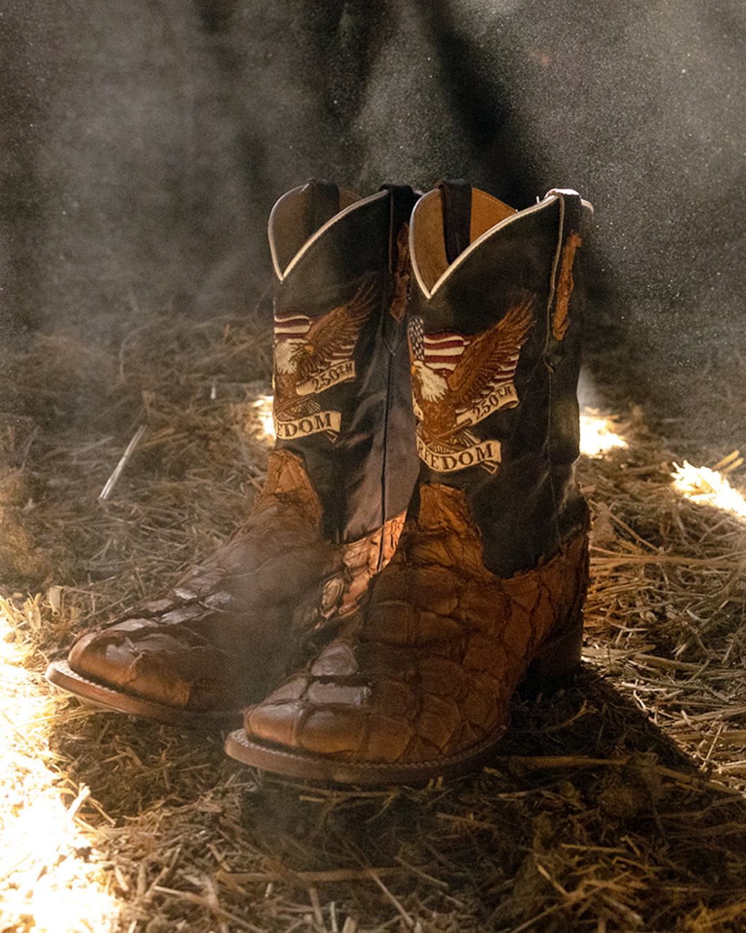 A pair of boots with eagle embroidered