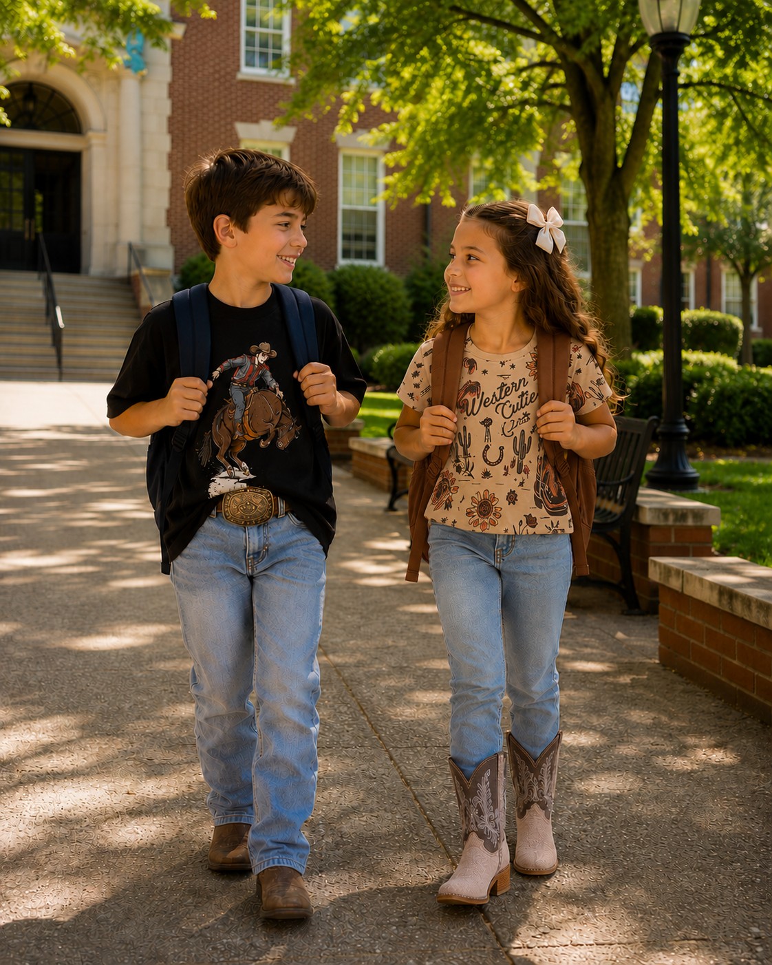 boy and girl in western wear walking in front of school