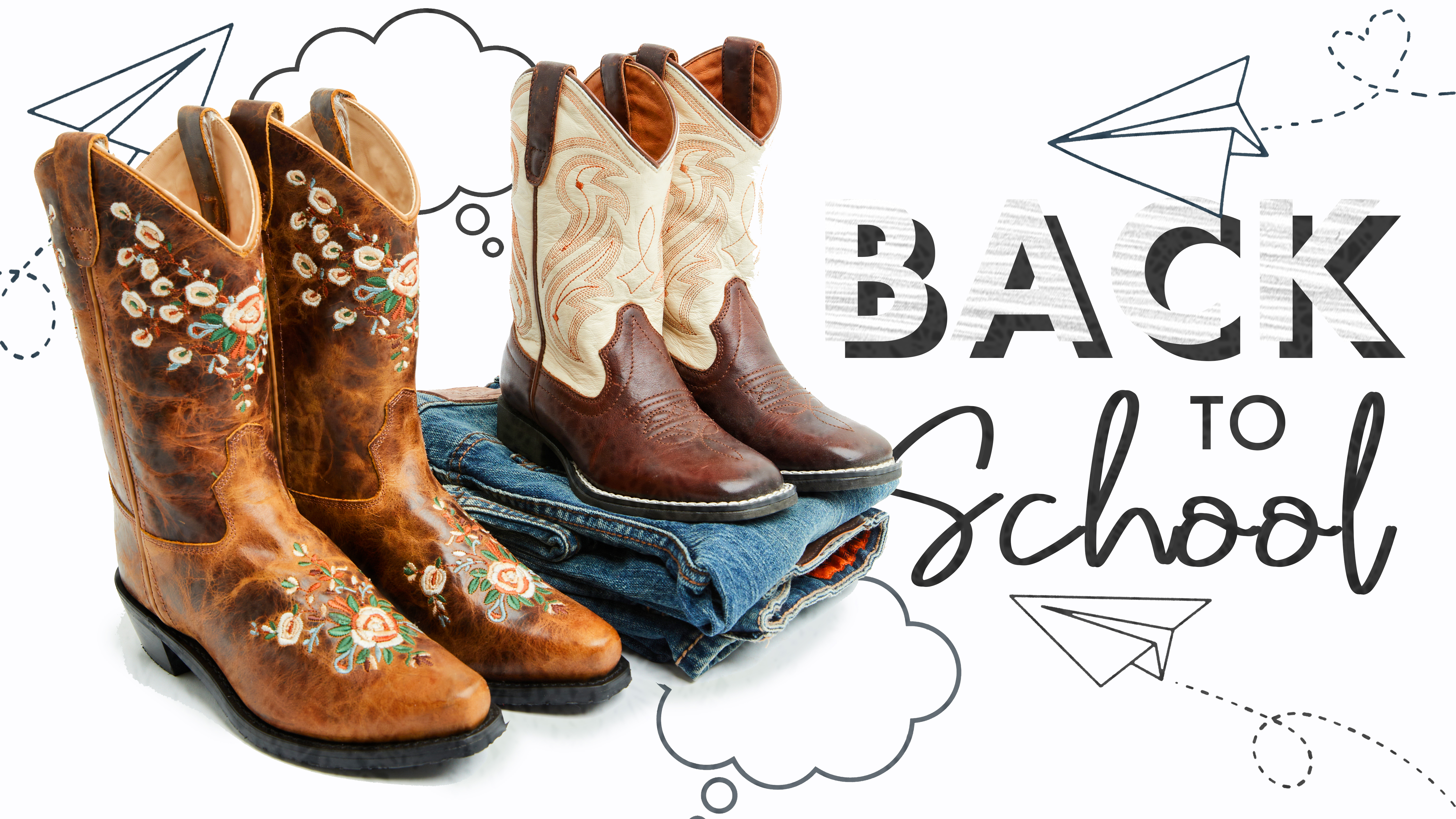 Two kids boots and jeans with graphic.
