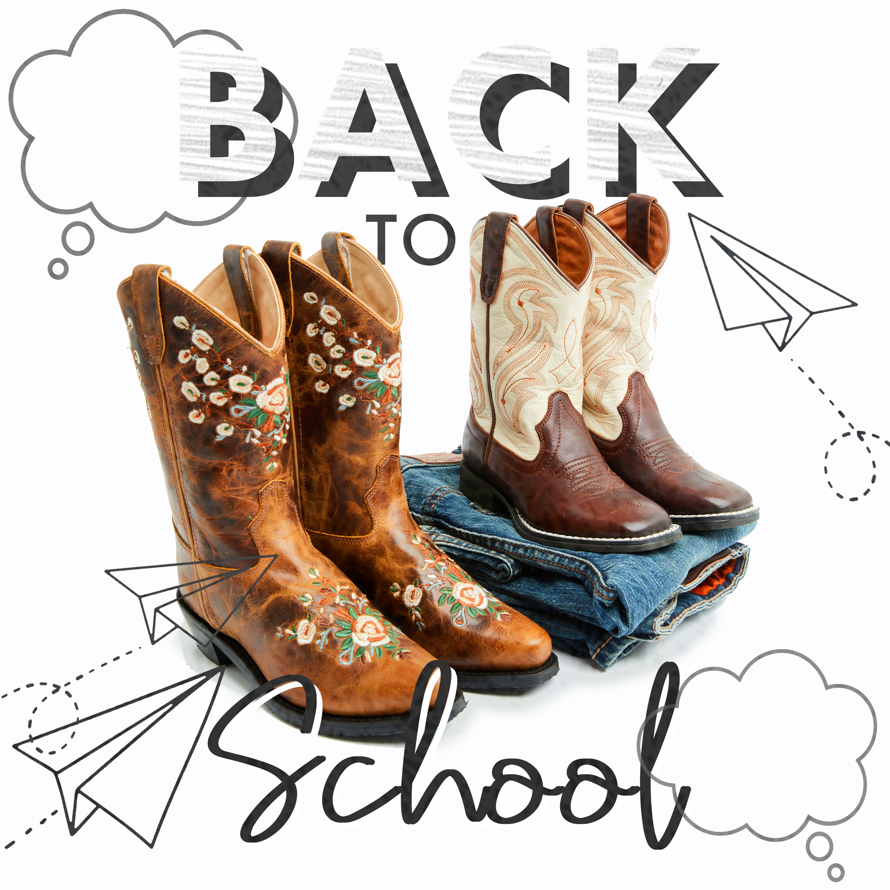Two kids boots and jeans with graphic.