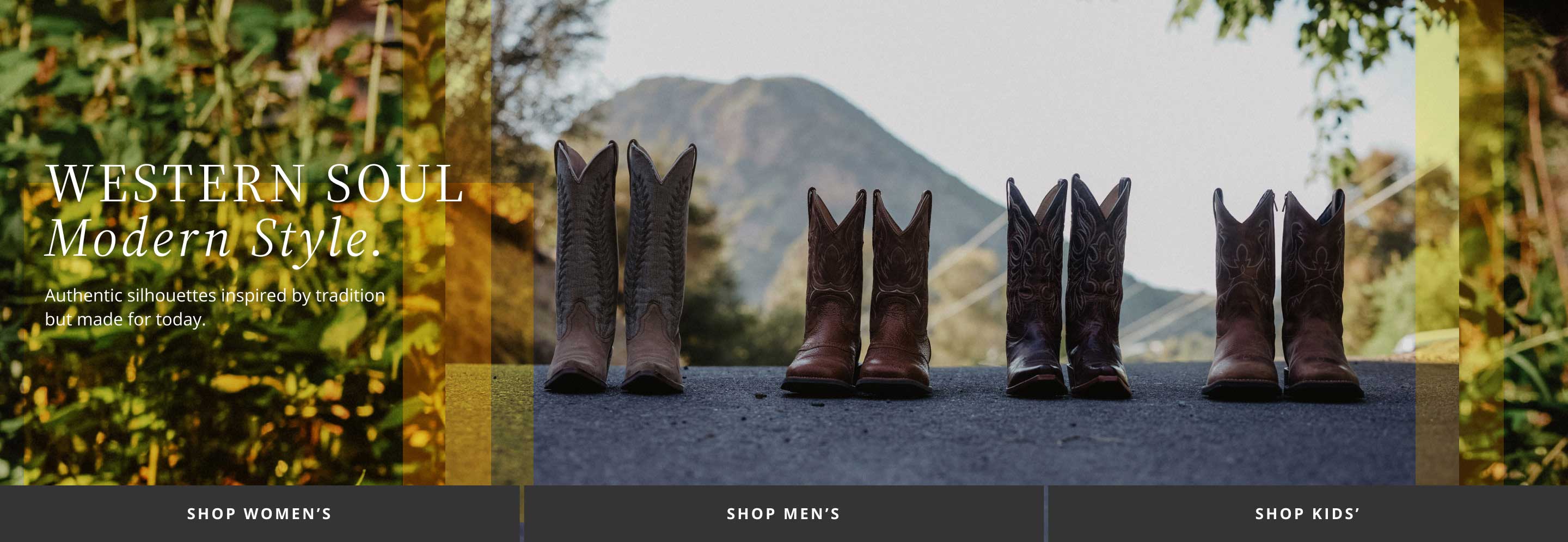 brown boots lined up on the road with hill in background