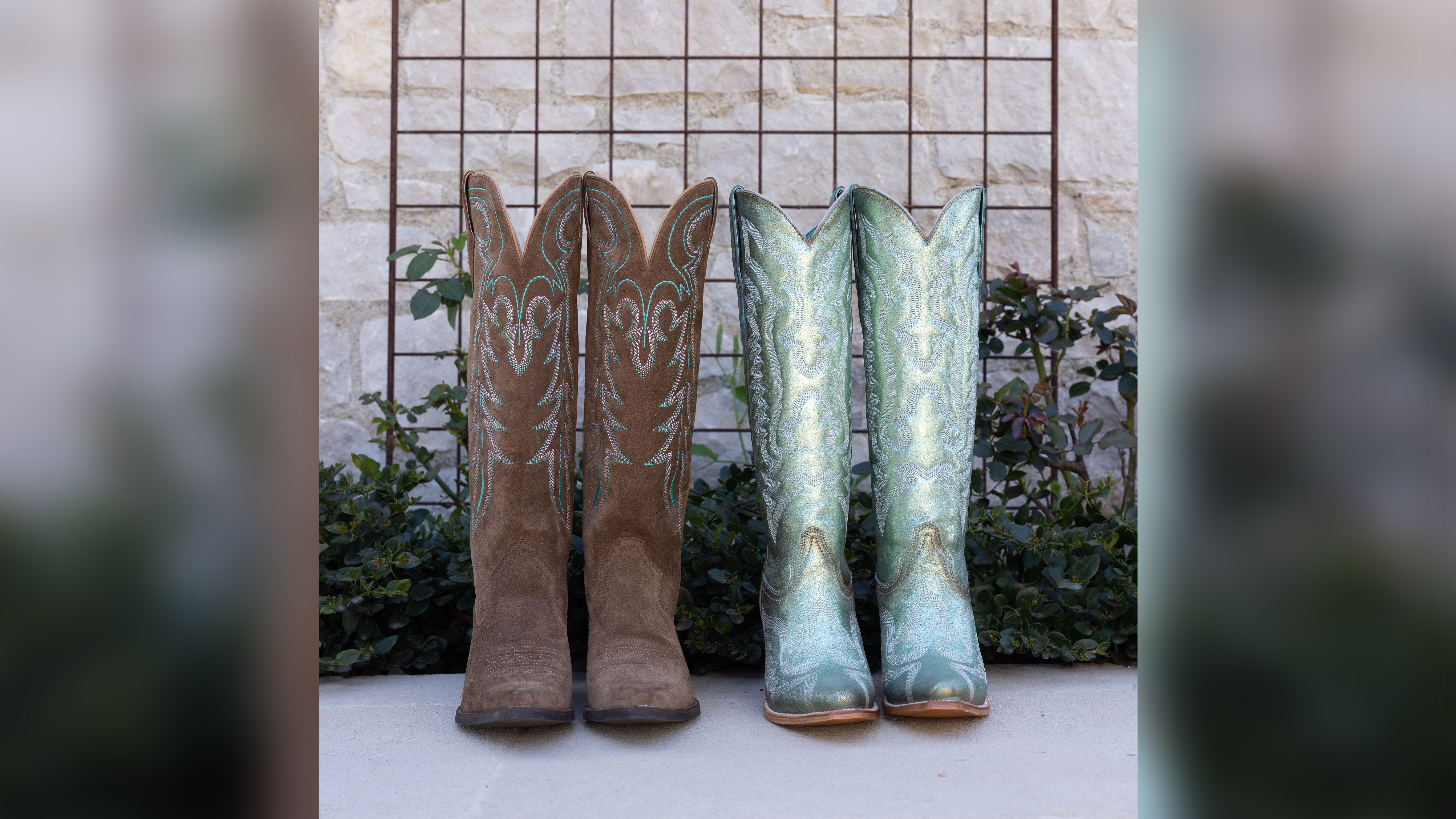 Teal and brown boots.