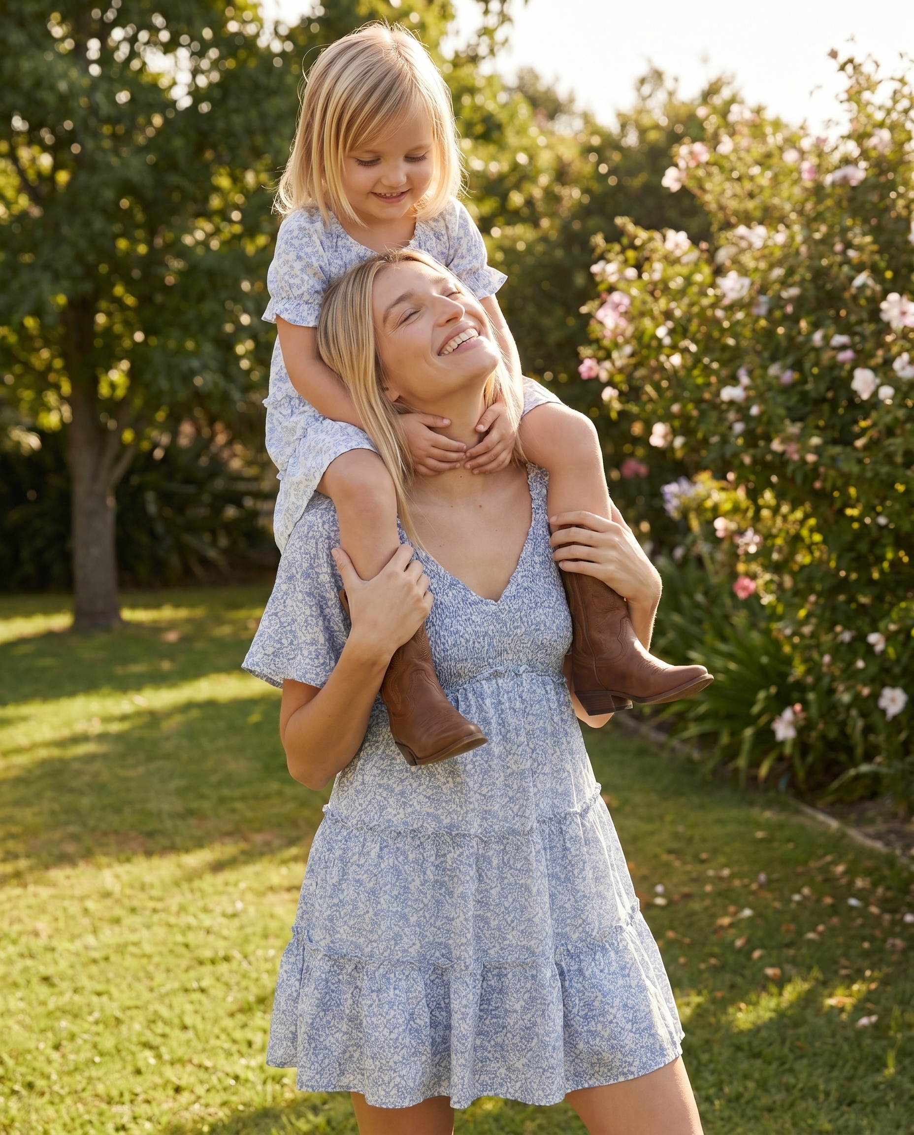 mother and daughter in matching blue dresses