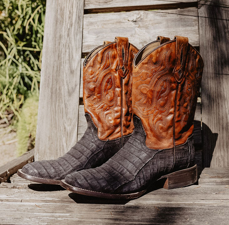  exotic boots on a bench