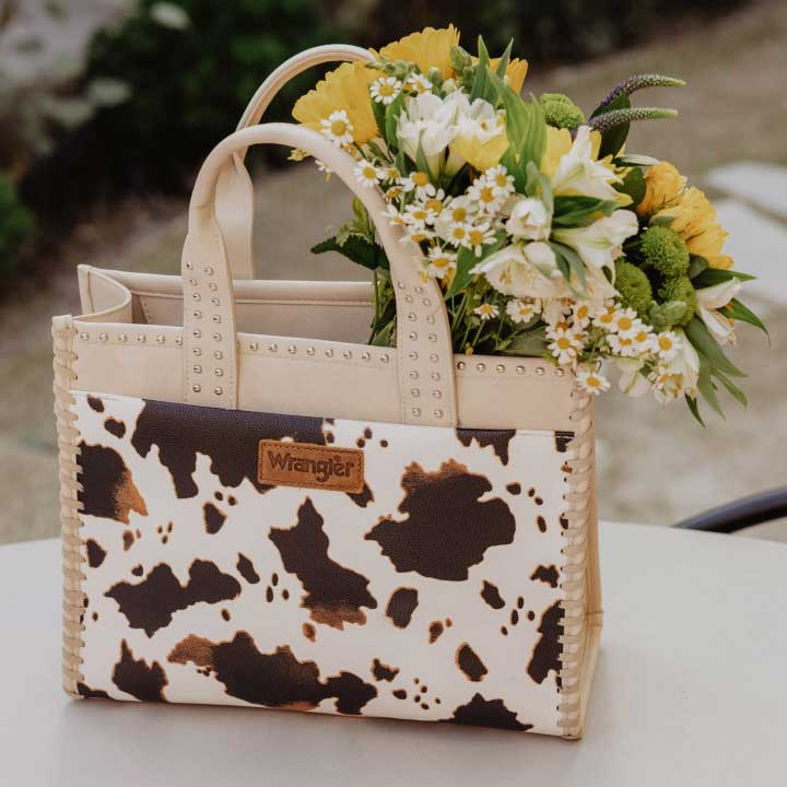 cowprint purse with flowers