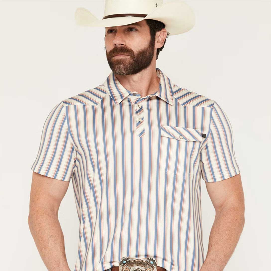 Man with cowboy hat and button down shirt.