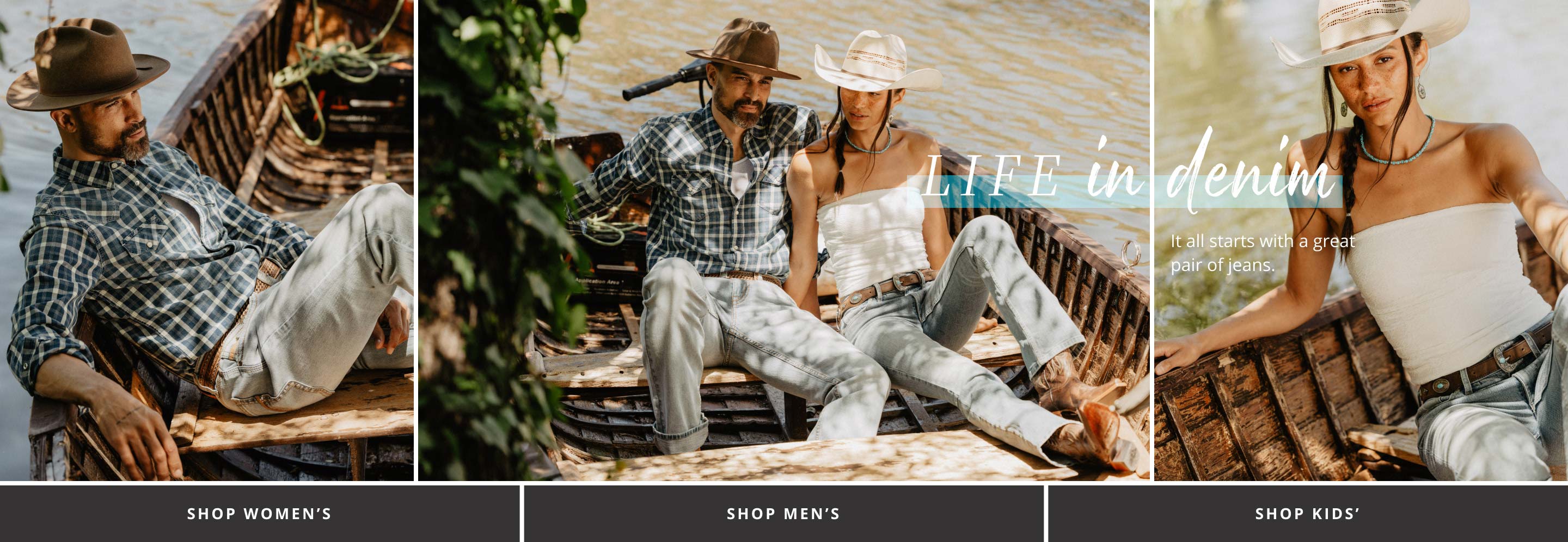 men and woman in a boot wearing a shirt and jeans