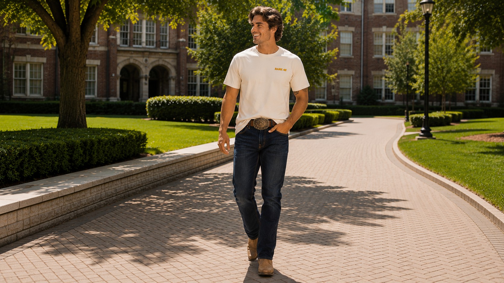 man on campus wearing Rank 45 shirt, jeans, and boots