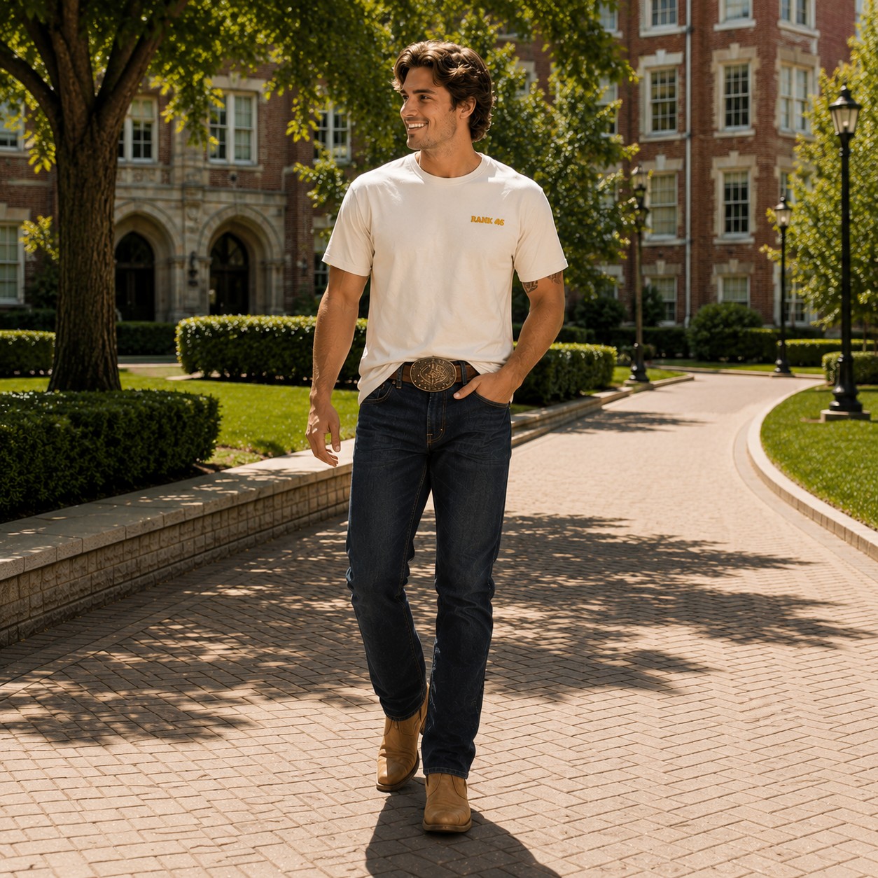 man on campus wearing Rank 45 shirt, jeans, and boots